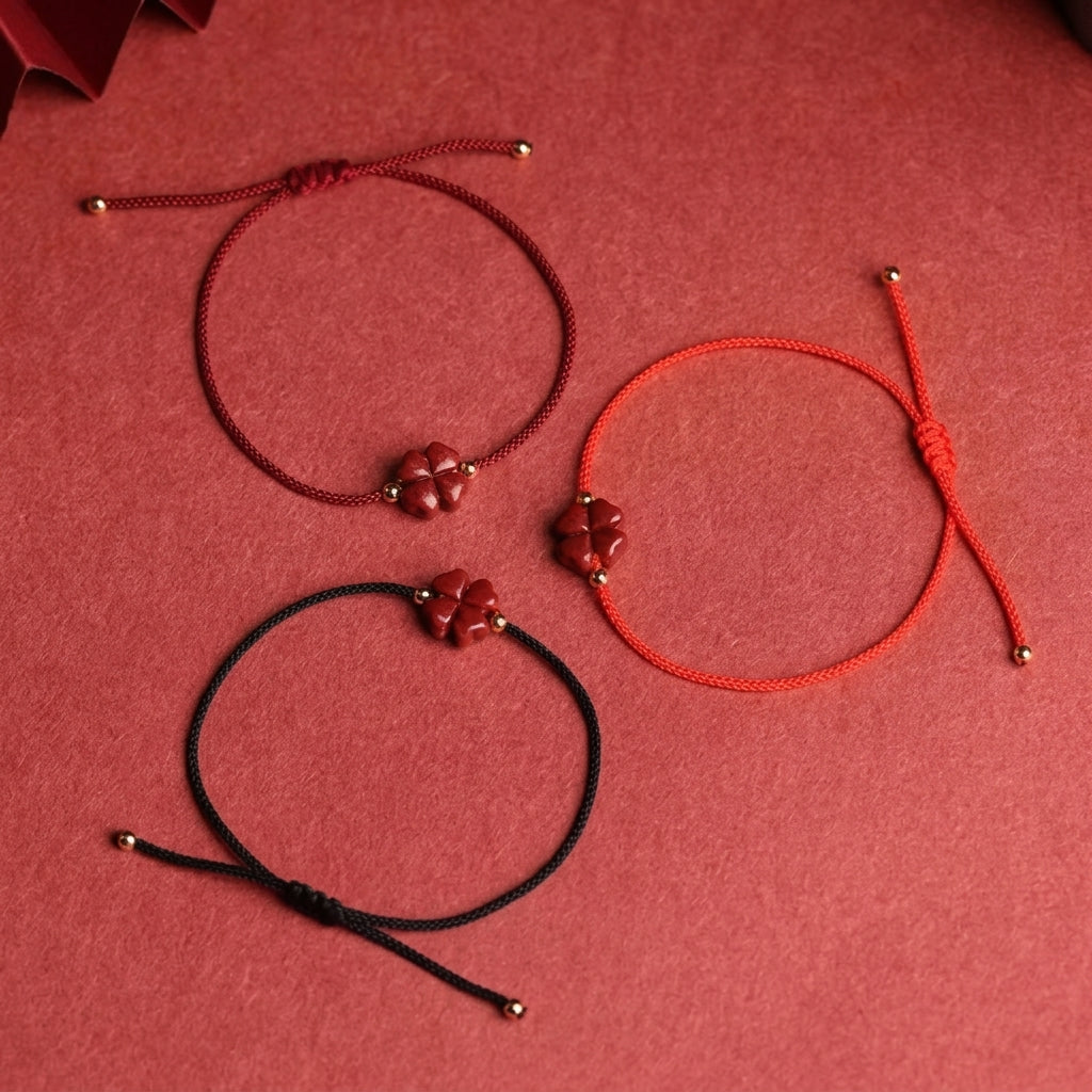 Bracelet cinabre trèfle porte-bonheur en rouge, bordeaux et noir