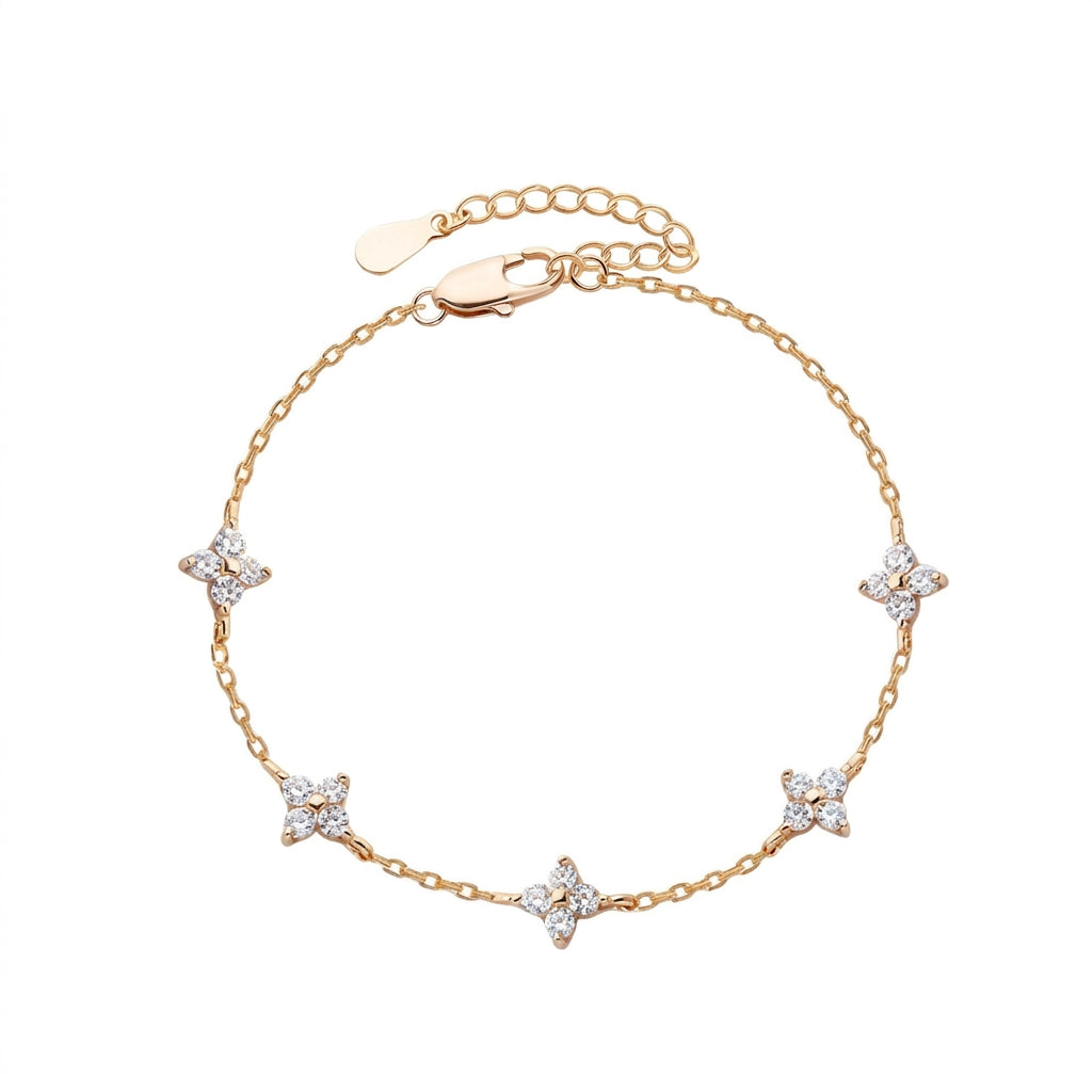 Bracelet trèfle 4 feuilles zircon doré, chaîne fine acier