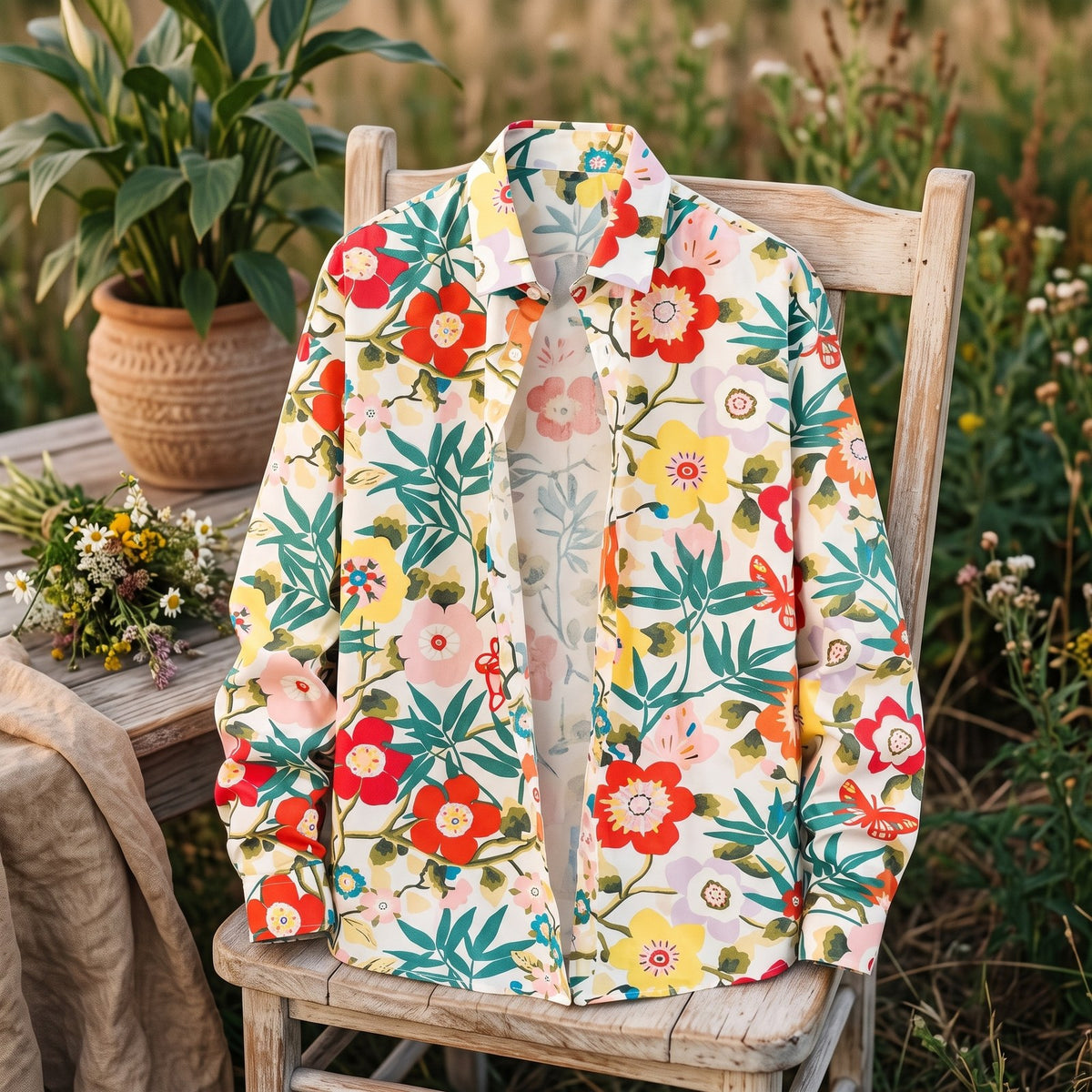Chemise hippie homme à fleurs drapée sur chaise en bois, décor bohème