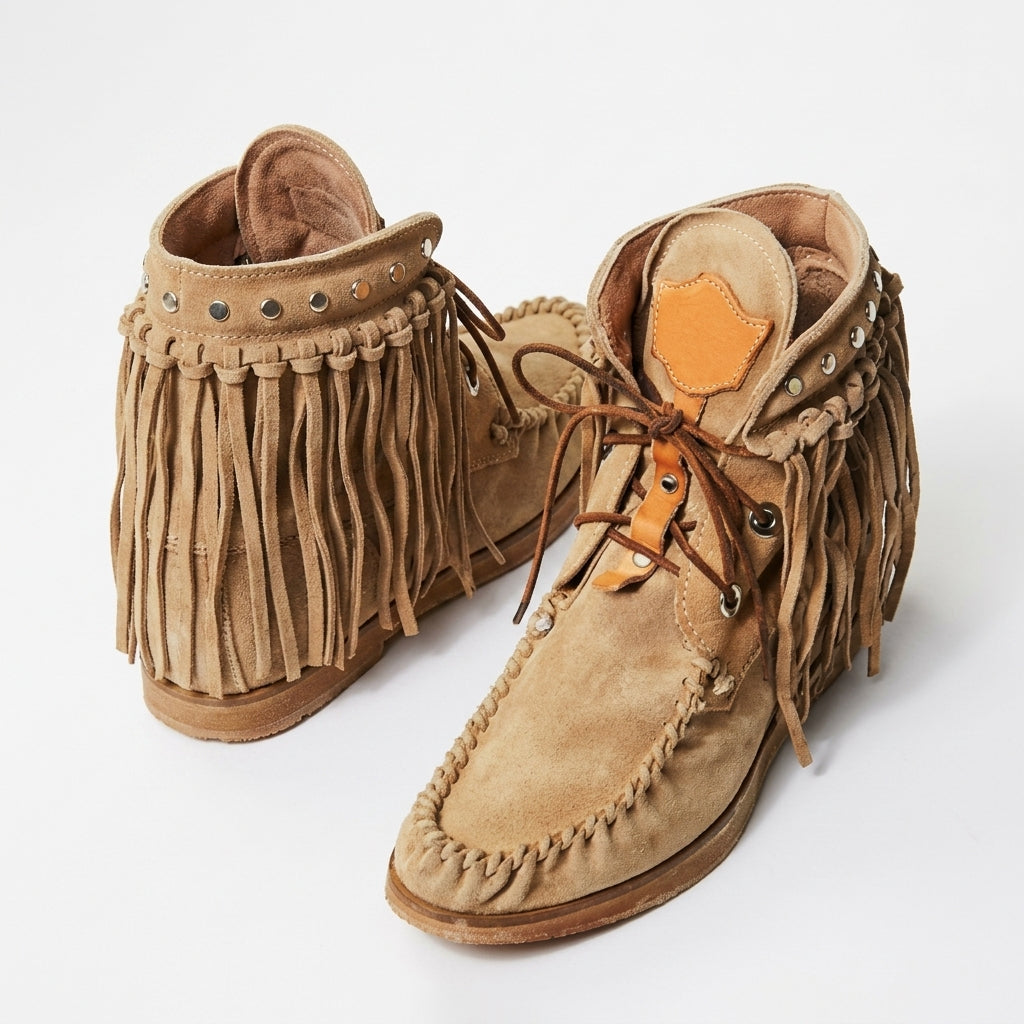 Bottines à franges hippie en suédine camel, vue trois-quarts, clous et couture mocassin Image