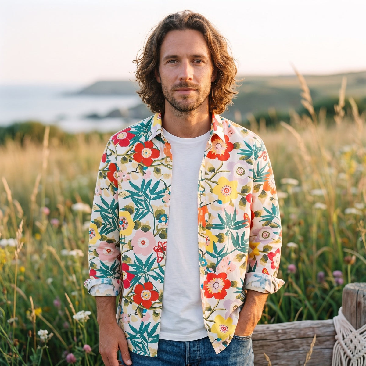 Chemise hippie homme à fleurs portée, fond blanc, prairie golden hour