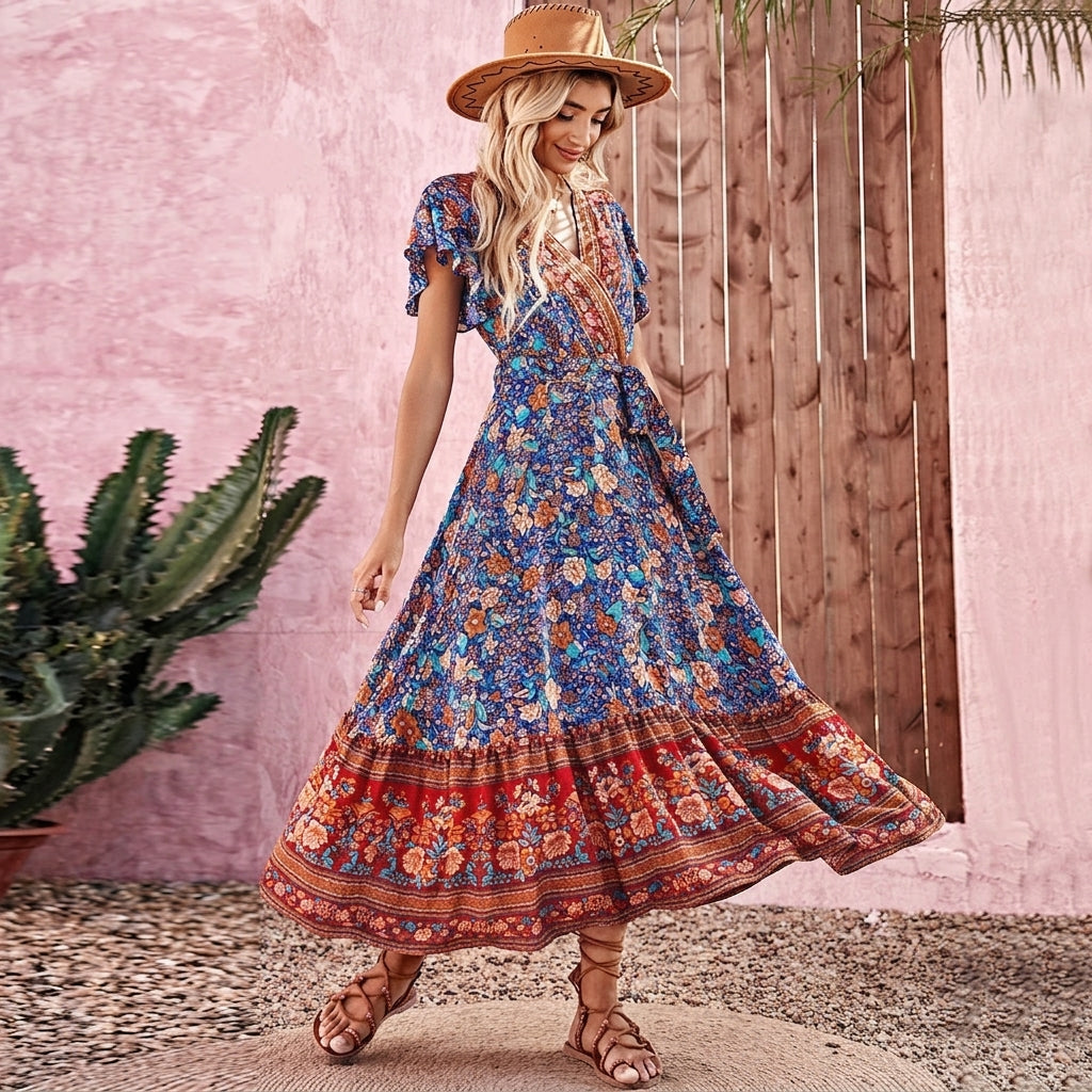 Robe longue bohème hippie chic imprimé floral, mouvement Image