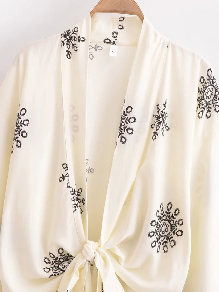 Kimono Court à Nouer Imprimé Végétal
