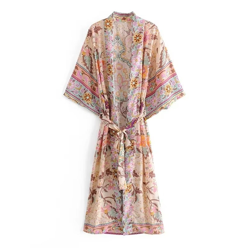 Kimono Long Hippie Femme, Imprimé Floral
