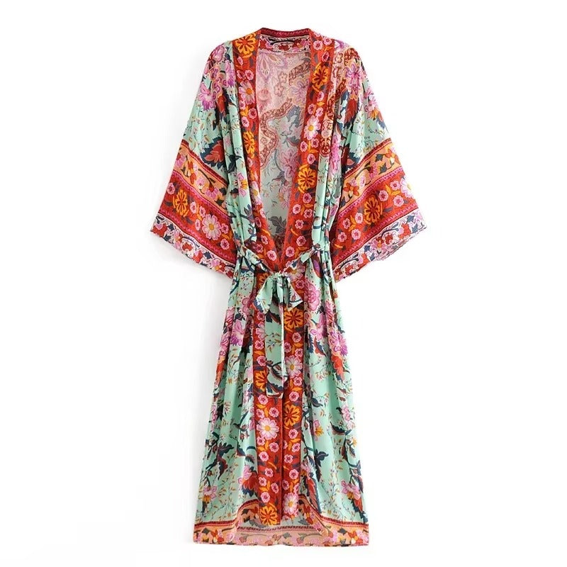 Kimono Long Hippie Femme, Imprimé Floral