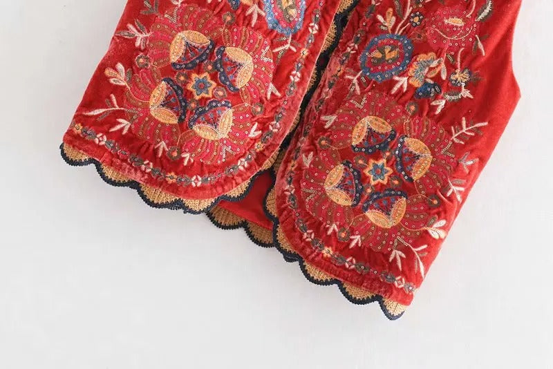 Gilet sans Manches en Velours Brodé