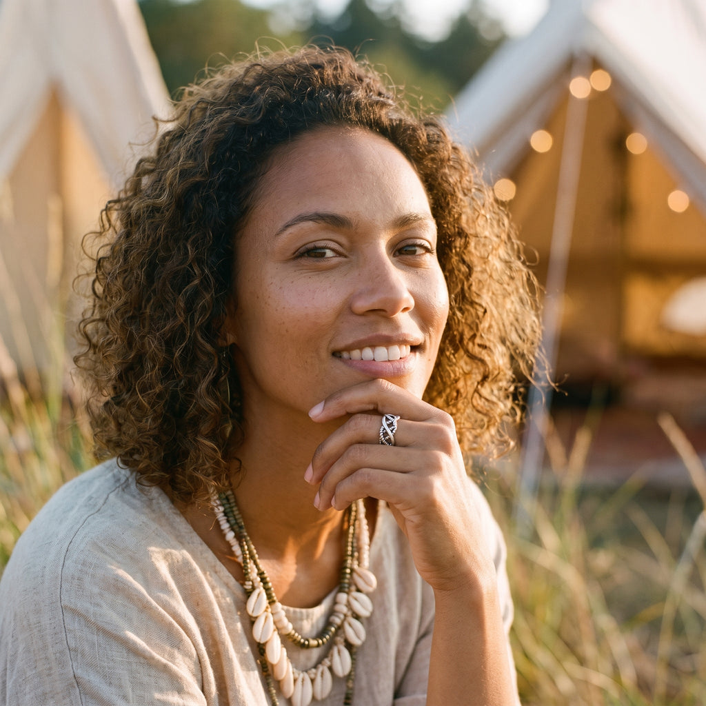 Femme souriante portant la bague tressée hippie