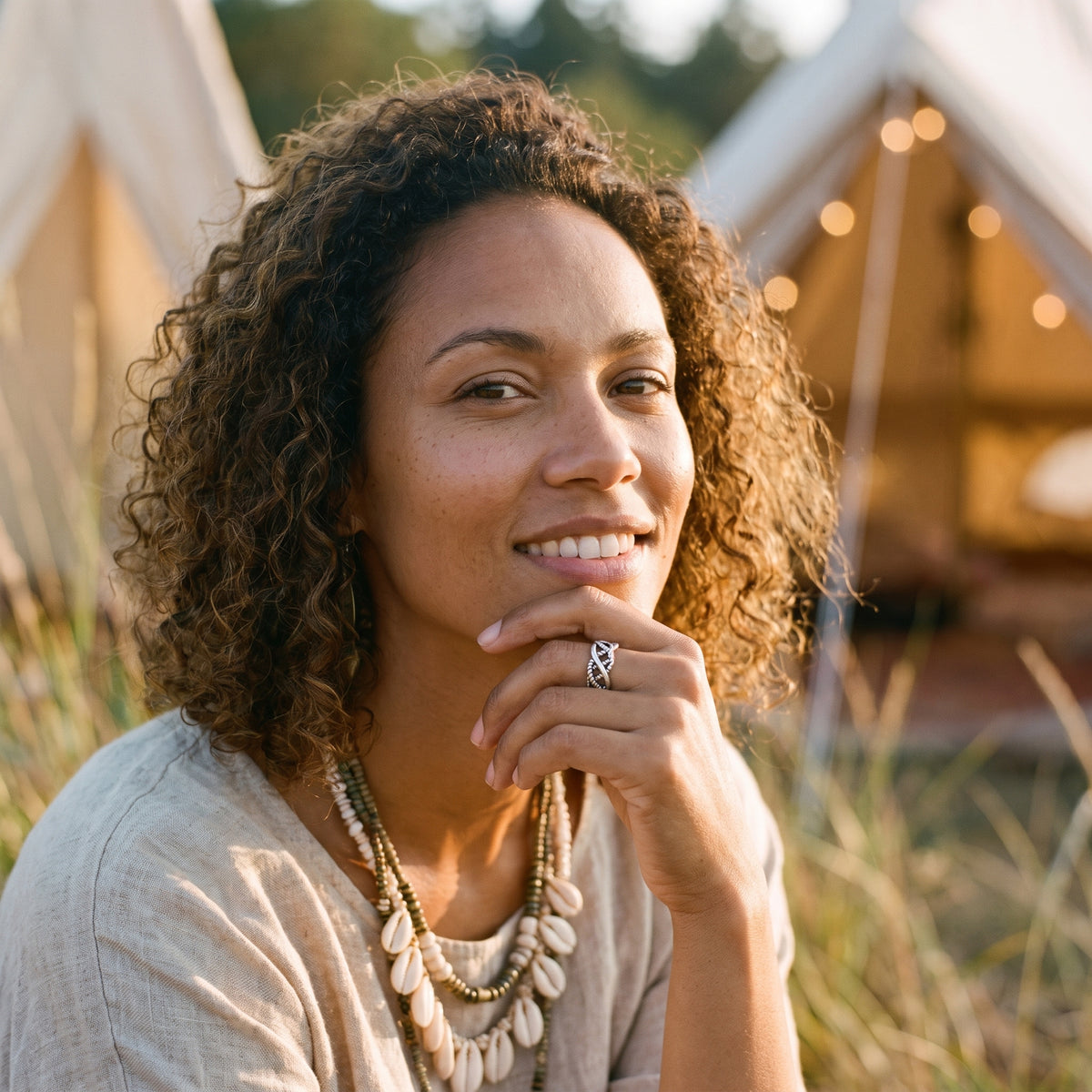 Femme souriante portant la bague tressée hippie